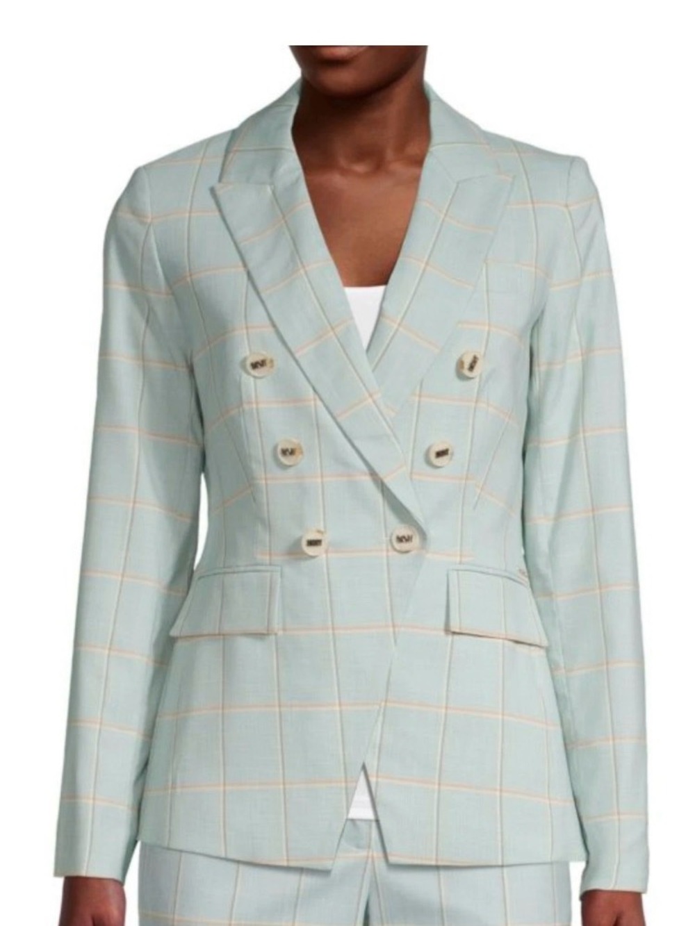 DKNY Mint Green Plaid Double-Breasted Blazer
